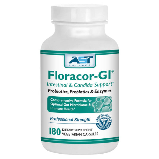 AST Enzymes Floracor-GI bottle on a clean counter highlighting gut balance