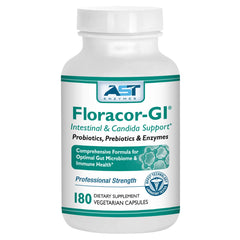 AST Enzymes Floracor-GI bottle on a clean counter highlighting gut balance