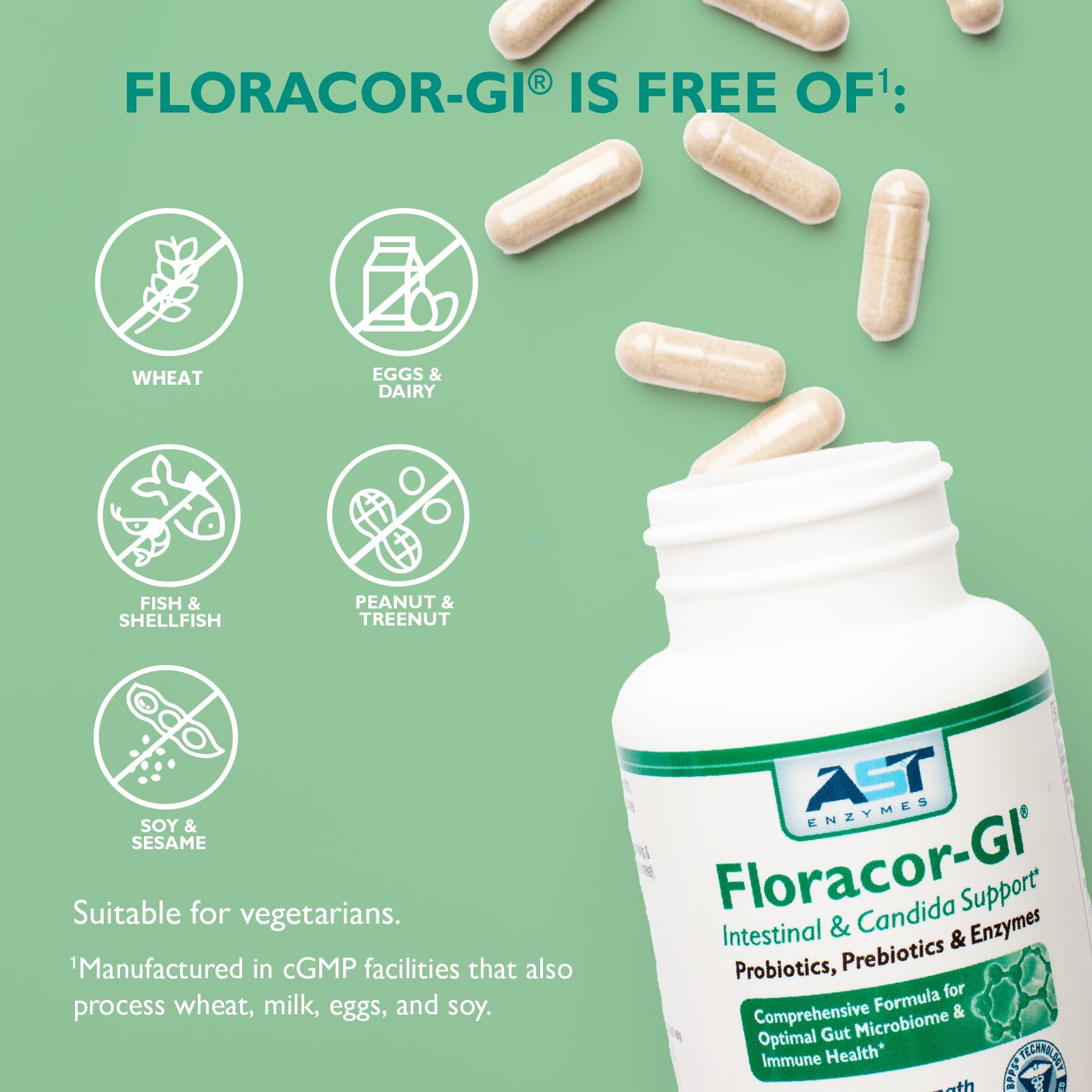 Floracor-GI ingredients-icons illustrate probiotics and enzymes synergy