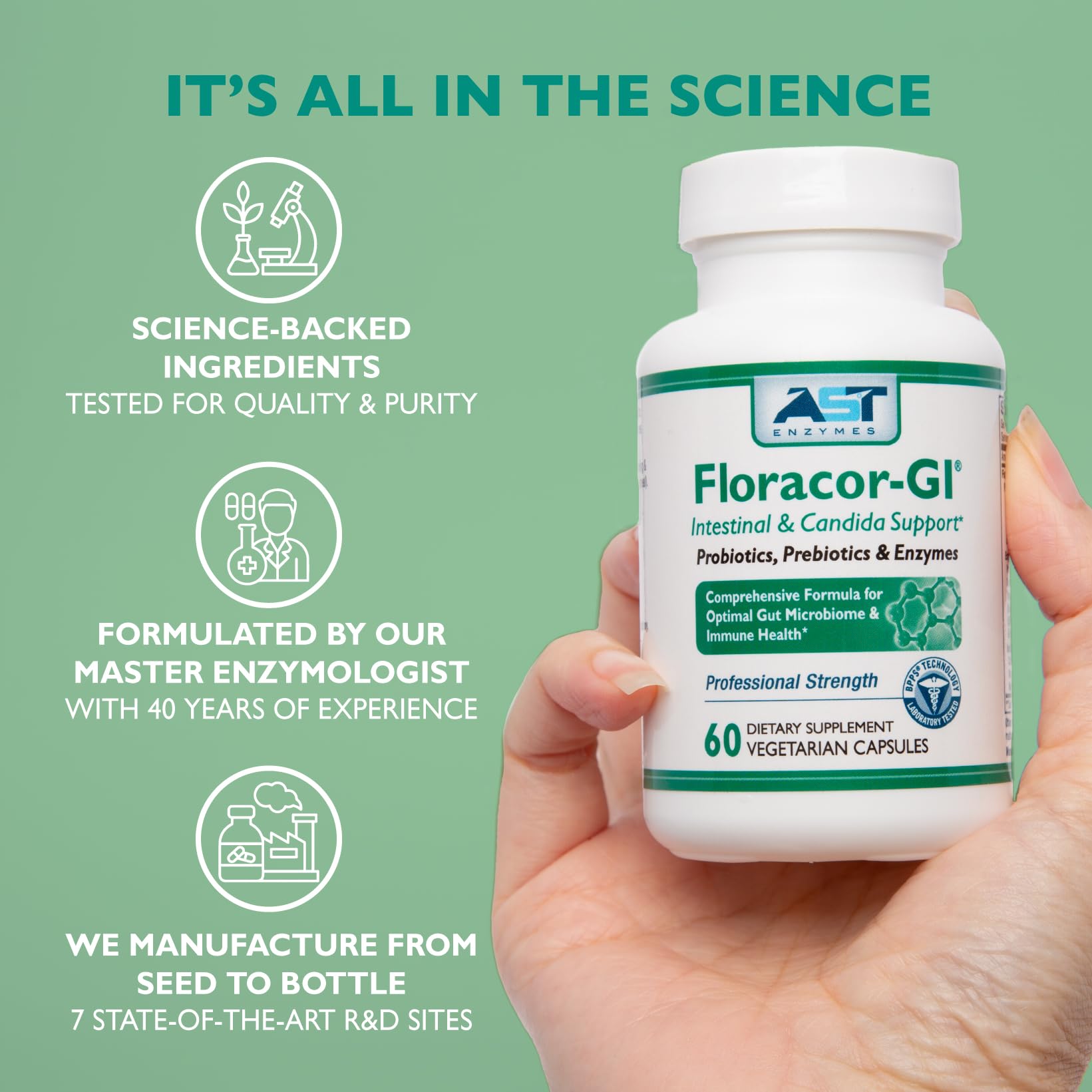 Floracor-GI supplement scene with capsules and glass of water