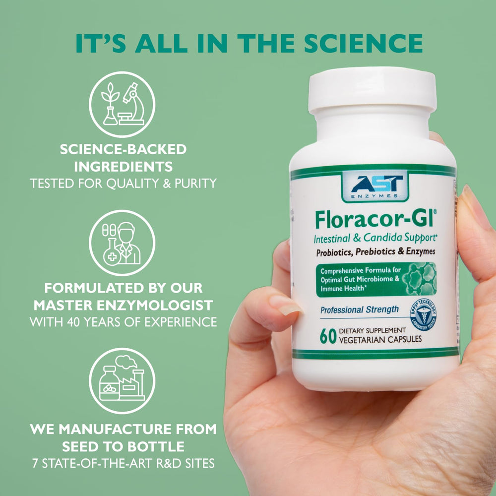 Floracor-GI supplement scene with capsules and glass of water