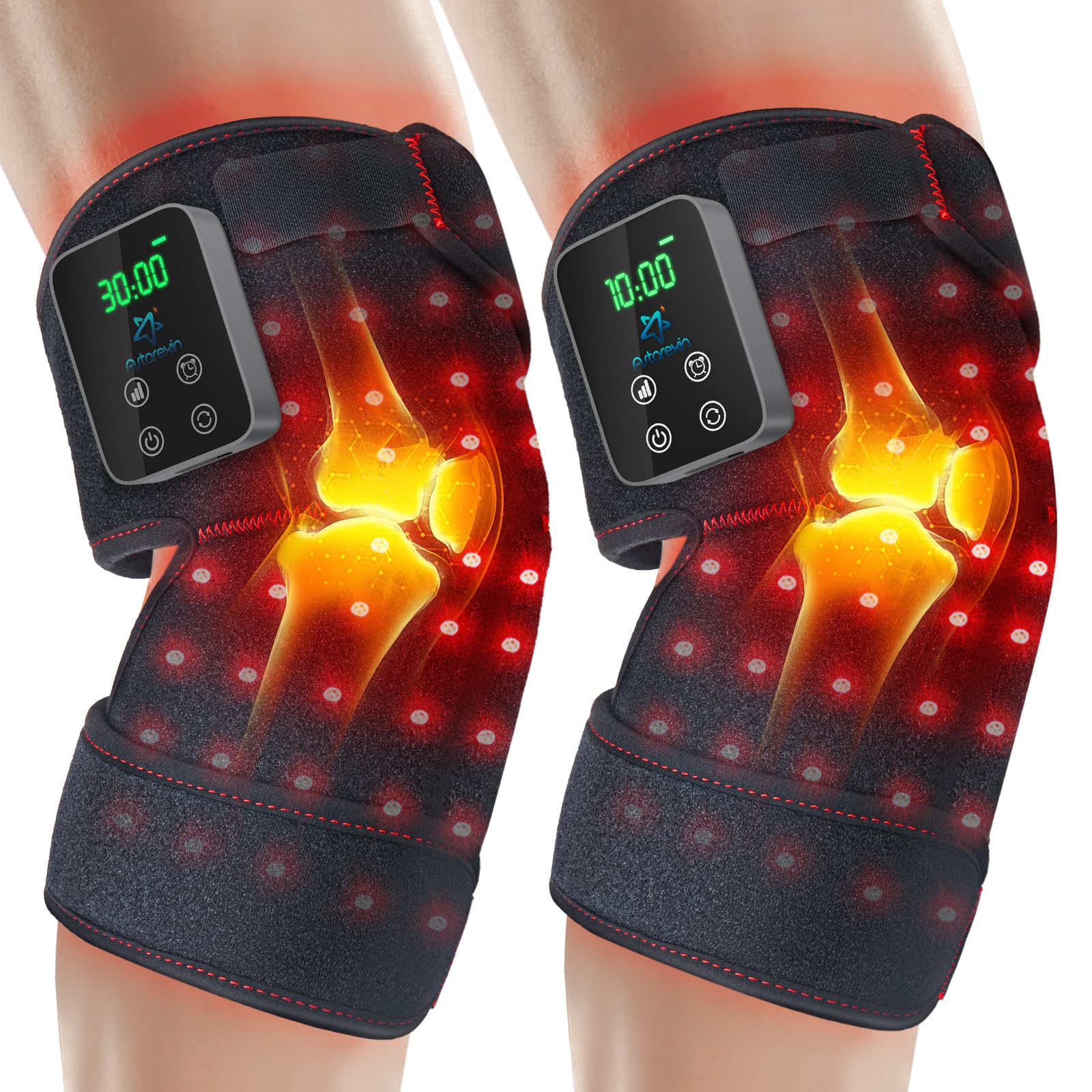 Astarexin knee wrap front view showing 72 LEDs for full knee coverage and warmth