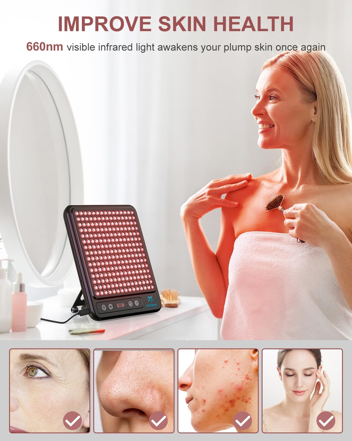 Astarexin red light panel 660nm red LEDs close-up for skin sessions.