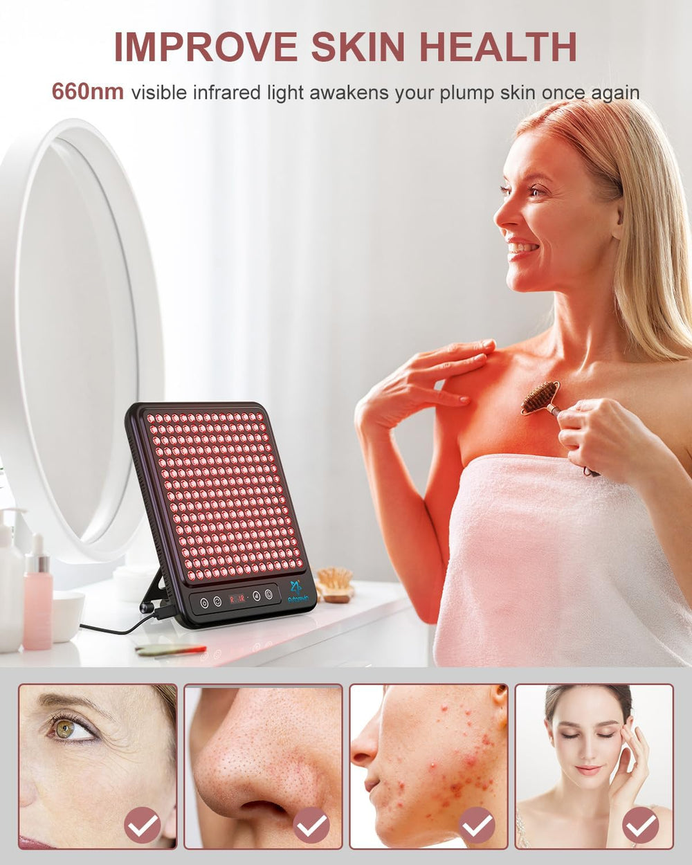 Astarexin red light panel 660nm red LEDs close-up for skin sessions.