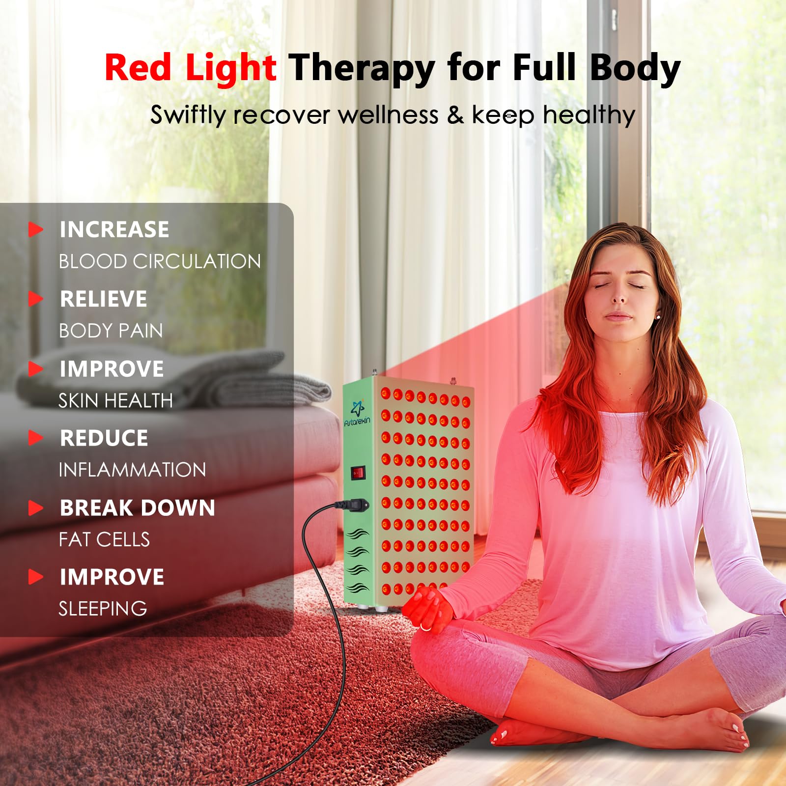 Astarexin red light panel body therapy setup supports broad coverage at home.