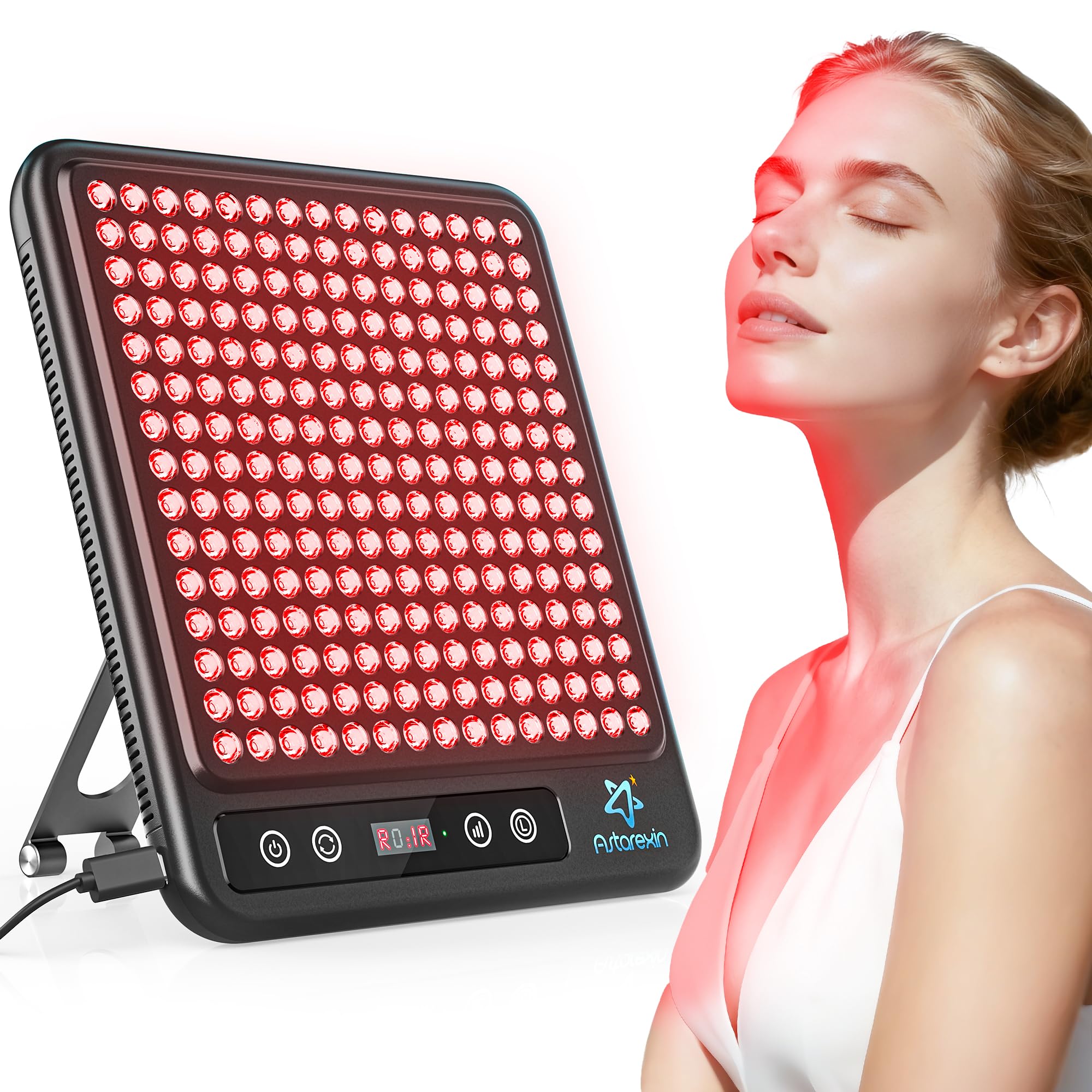 Astarexin red light panel front view, portable for home or travel sessions.