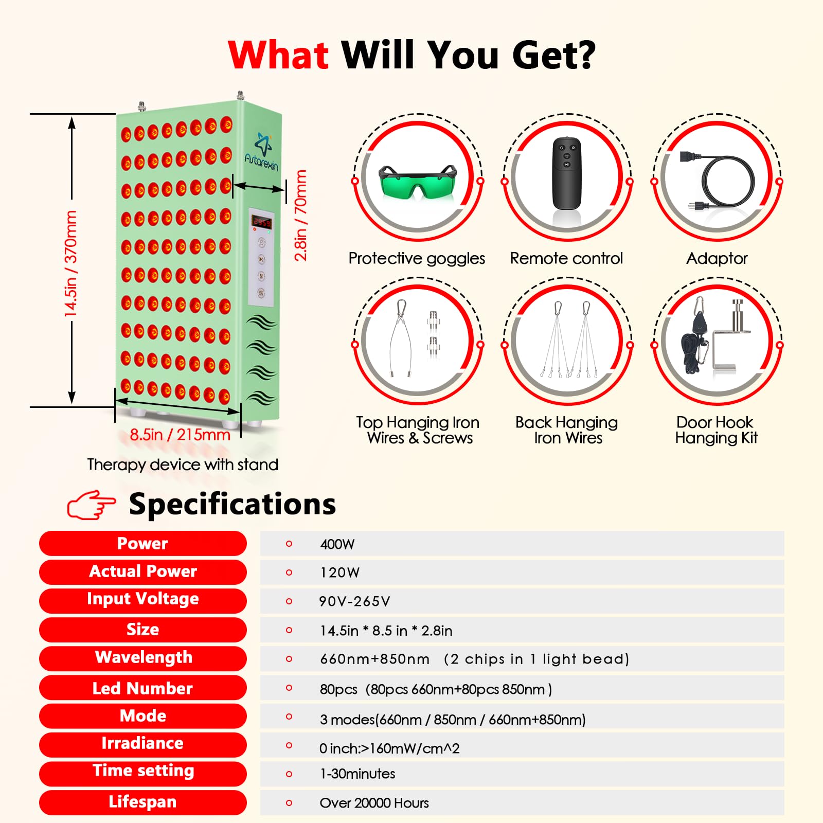 Astarexin red light panel glasses included protect eyes during sessions.