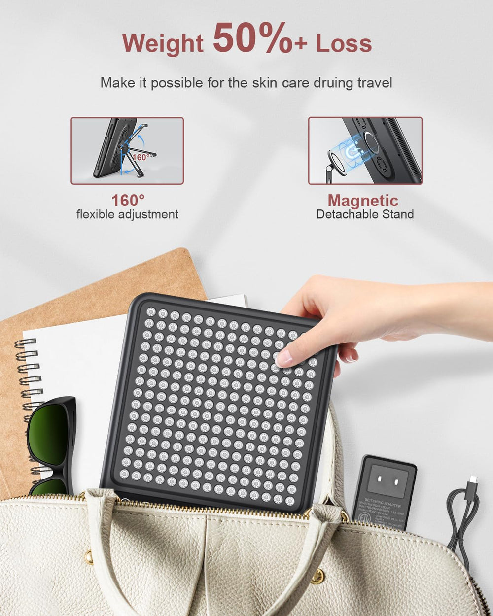 Astarexin red light panel on stand enables hands-free sessions.