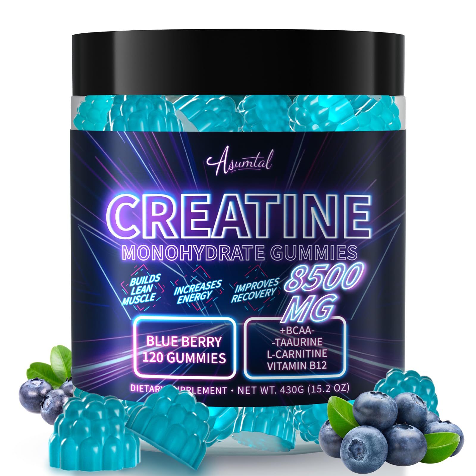 Asumtal Creatine Monohydrate Gummies blueberry bottle showing vegan energy for workouts.