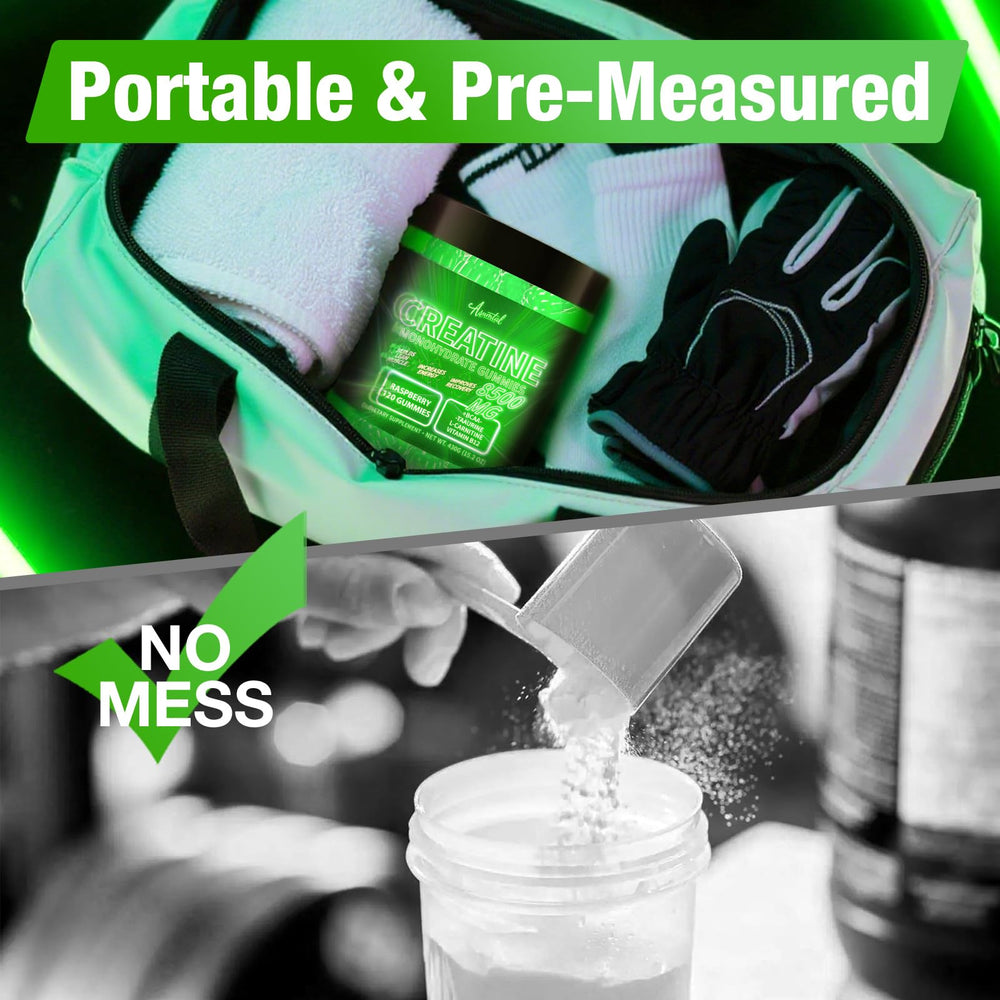 Asumtal Creatine Monohydrate Gummies green apple appearance emphasizing taste and use.