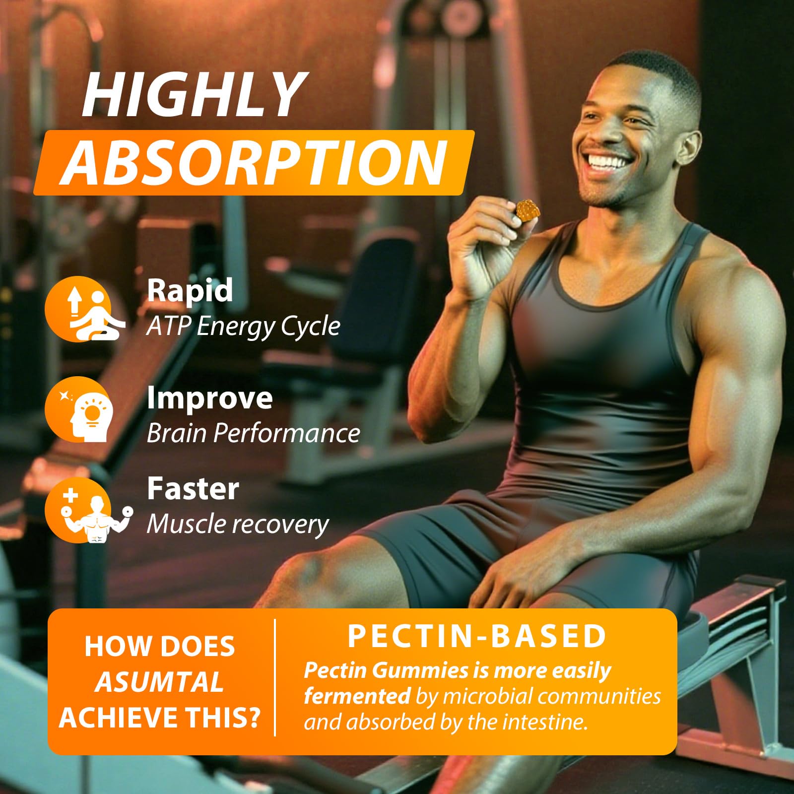 Asumtal Creatine Monohydrate Gummies mango flavor image presents a convenient pre-workout option.