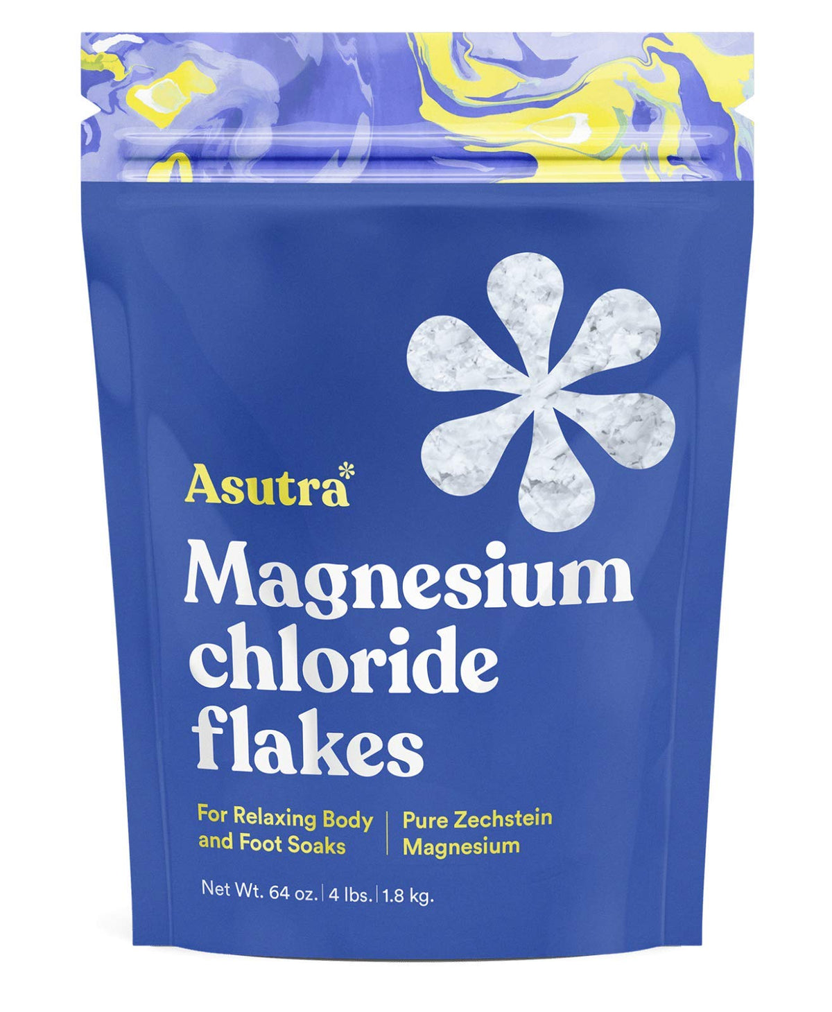 ASUTRA magnesium chloride bath flakes in resealable bag ready for calming soaks.
