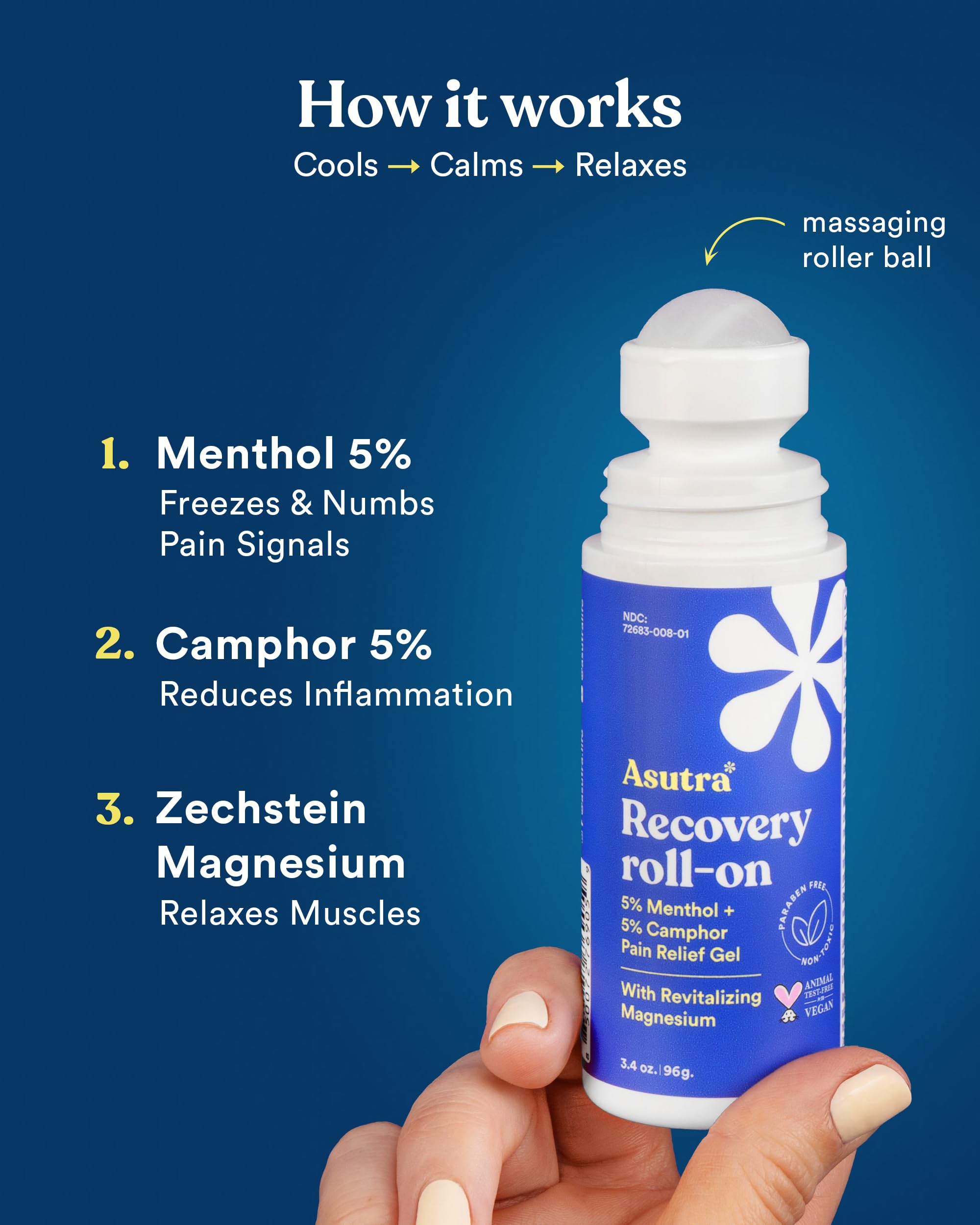 ASUTRA Recovery Roll-On Gel convenient for on-the-go use from gym bag to desk.