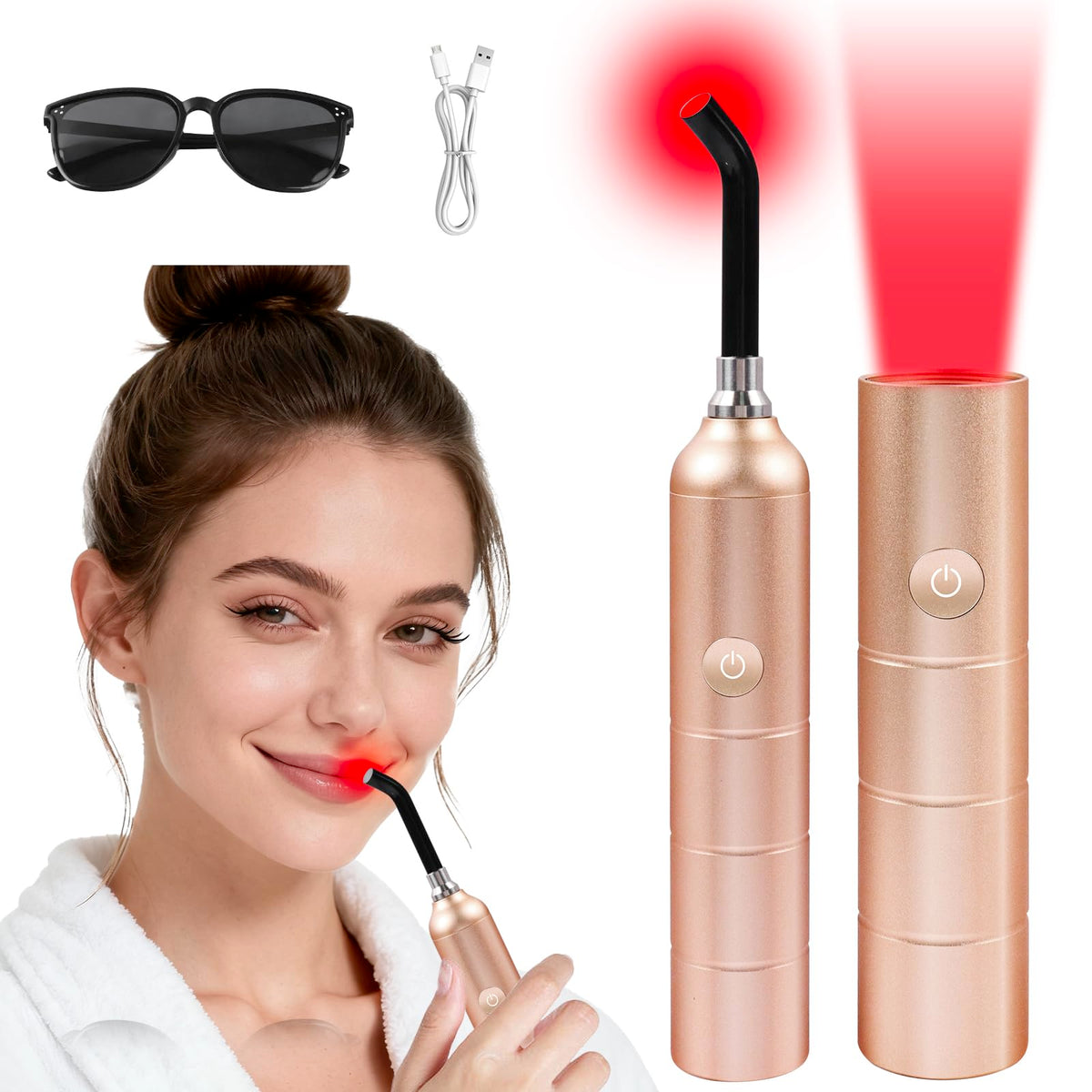 Aswaysun infrared therapy device used on face, nose and ear for facial relief.