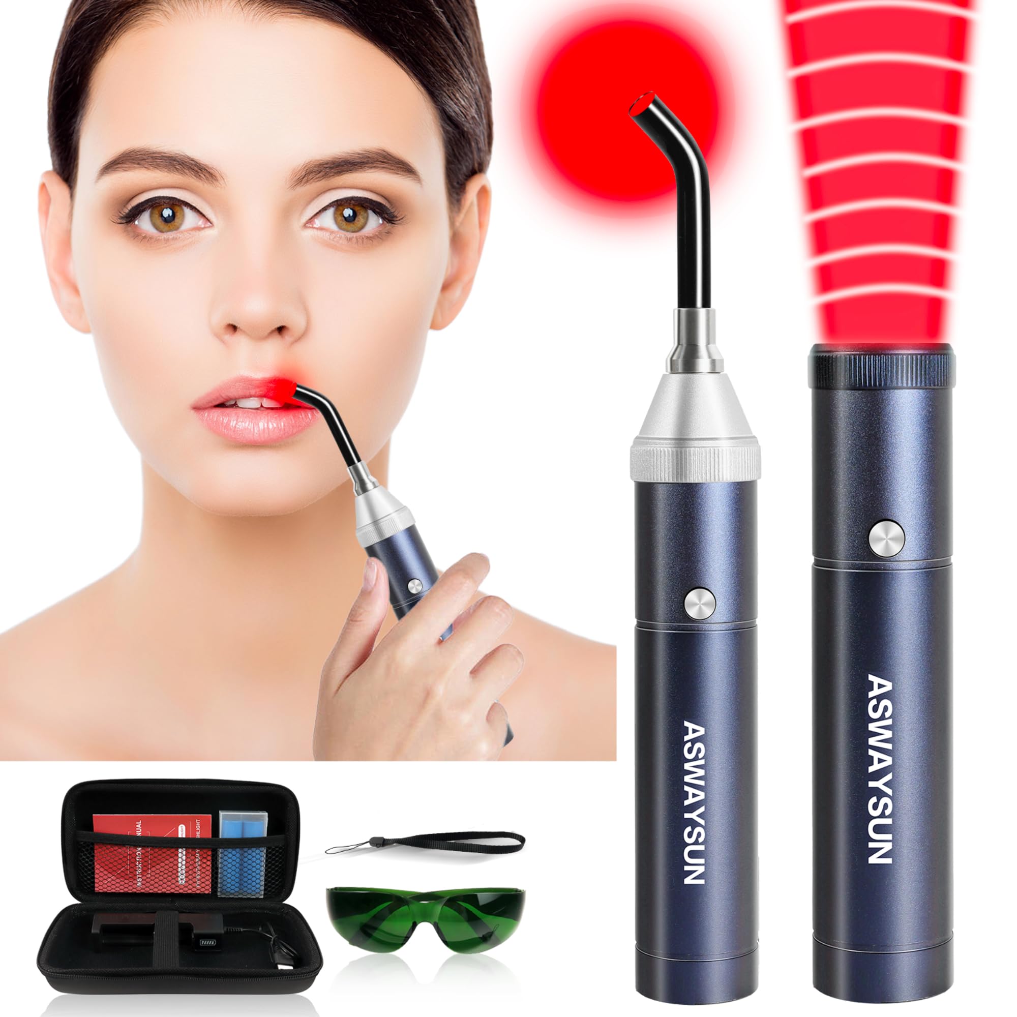 Aswaysun infrared therapy wand close-up on face showing facial treatment.