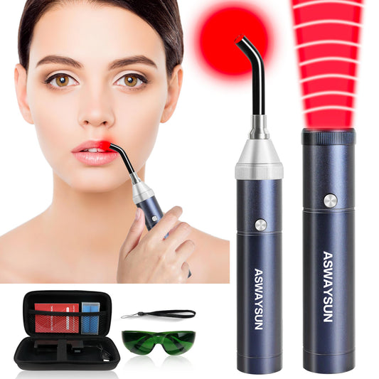 Aswaysun infrared therapy wand close-up on face showing facial treatment.