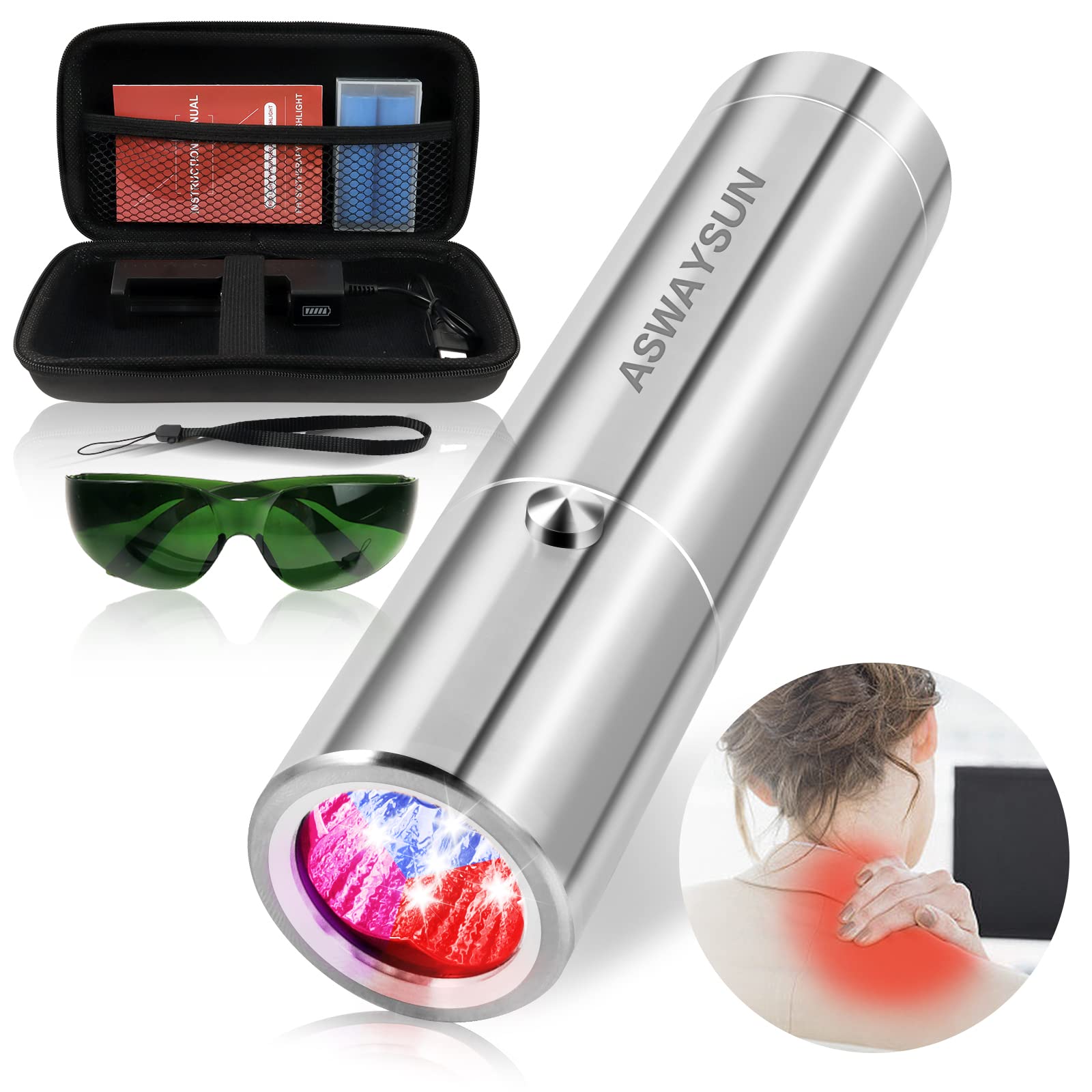Aswaysun red light therapy device front view for convenient at-home pain relief.