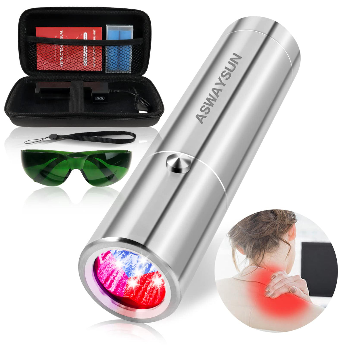 Aswaysun red light therapy device front view for convenient at-home pain relief.