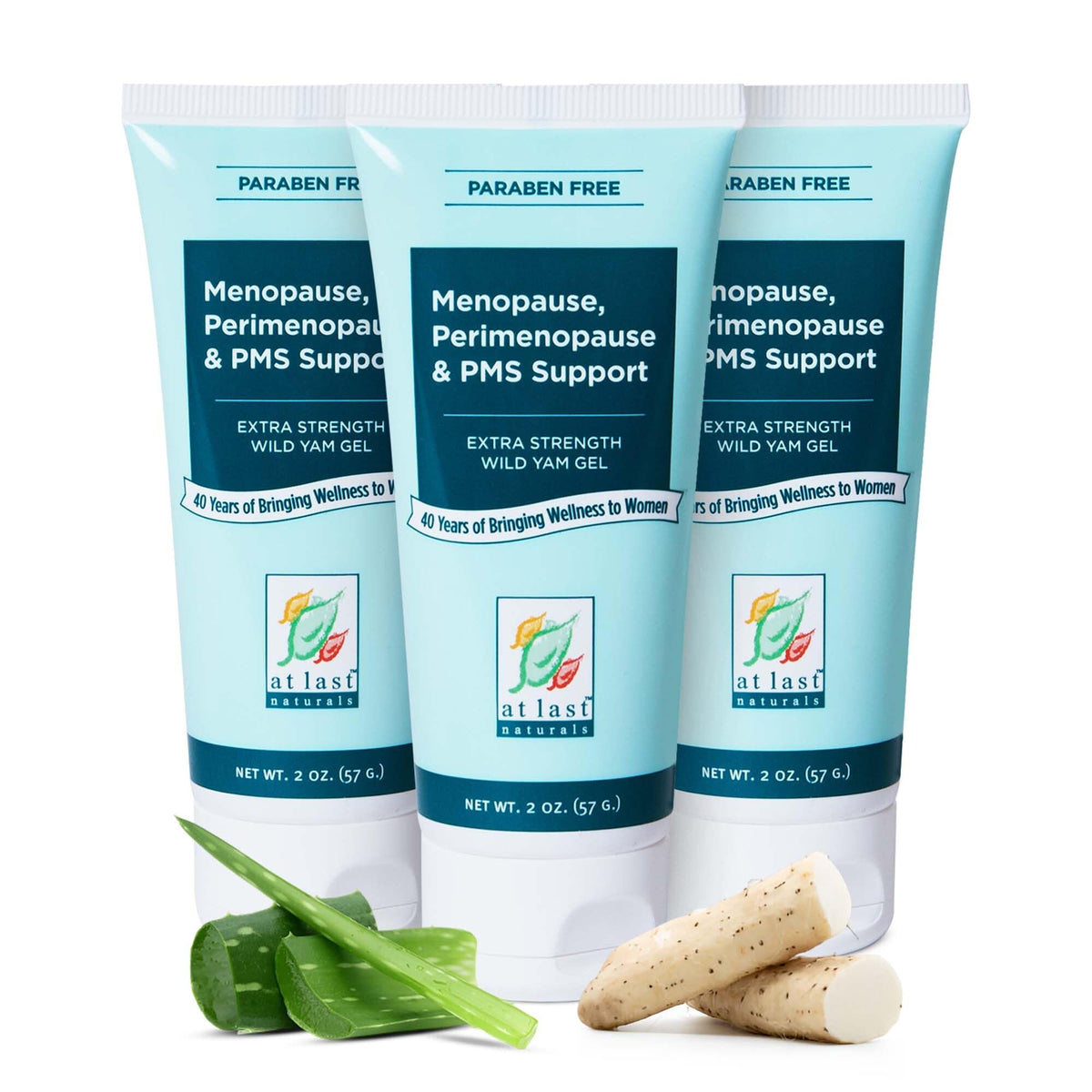 At Last Naturals Wild Yam Gel packaging tube for quick, convenient relief.
