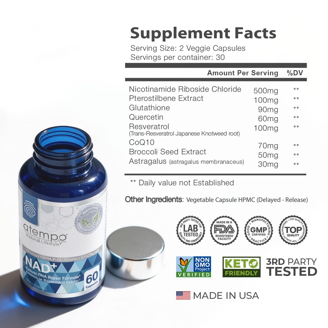ATEMPO NAD+ capsules close-up highlighting high-absorption energy support