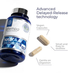 ATEMPO NAD+ bottle with capsules being dispensed for daily use