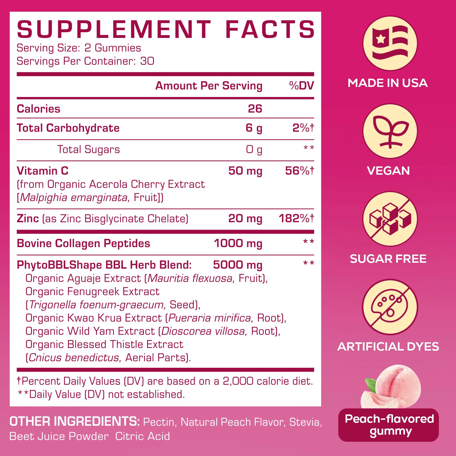 Atherionyxora Booty Gummies peach flavor close-up highlighting zero sugar.