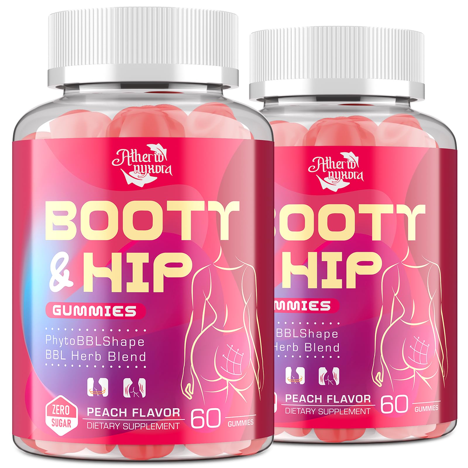 Atherionyxora Booty Gummies bottle displayed for daily peach-flavored wellness.