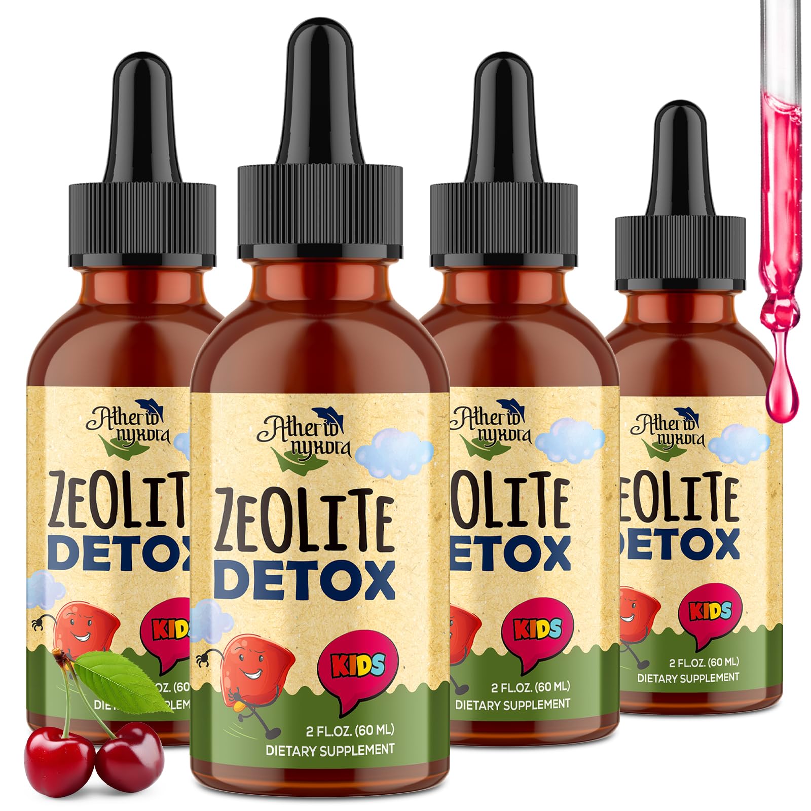 Atherionyxora Zeolite Detox Drops bottle on kitchen counter for easy daily use.