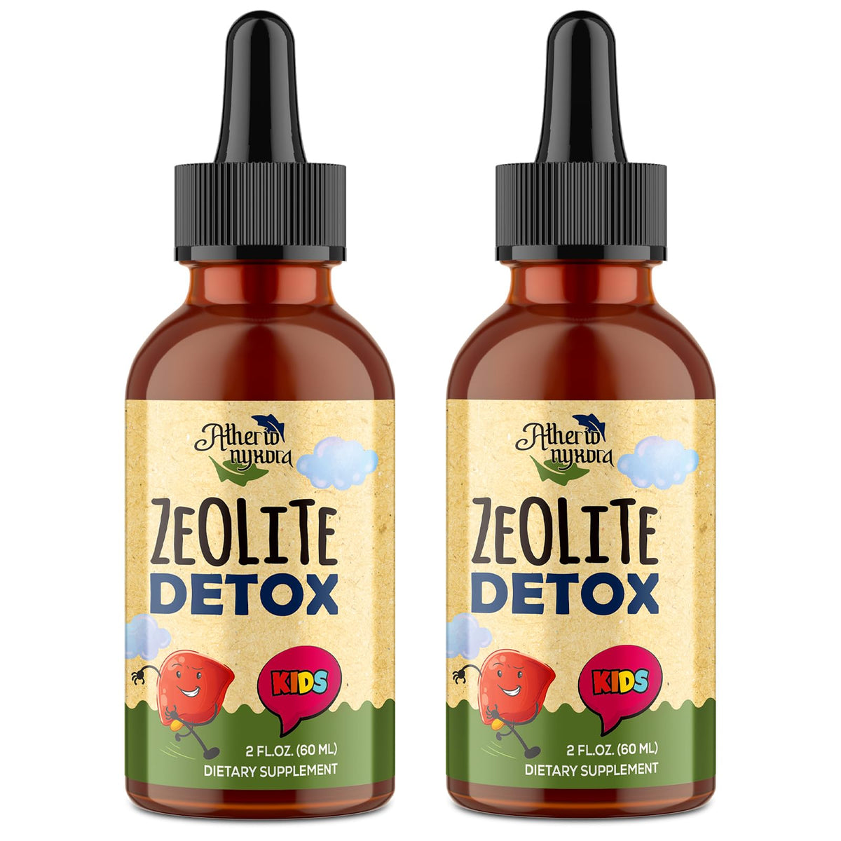 Atherionyxora Zeolite Detox for Kids bottle front with a gentle, naturally sweet supplement