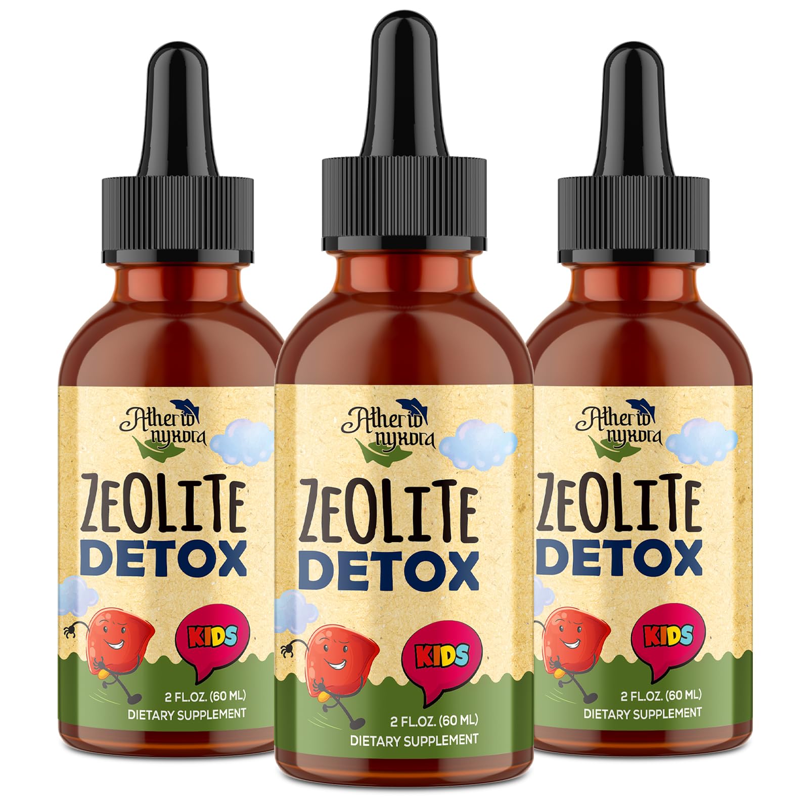 Atherionyxora Zeolite Detox for Kids bottle with natural sweetness and clear dropper