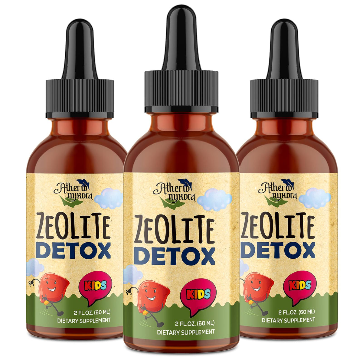 Atherionyxora Zeolite Detox for Kids bottle with natural sweetness and clear dropper