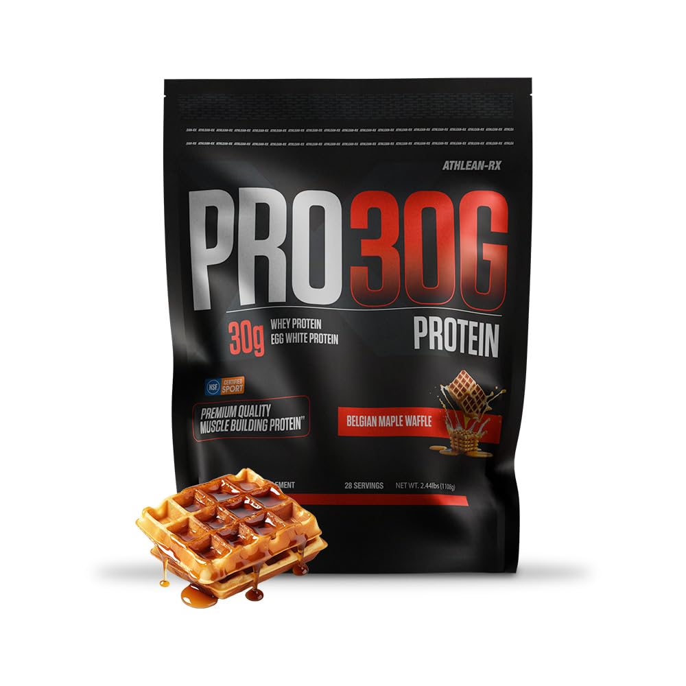 ATHLEAN-RX PRO-30G Belgian Maple Waffle label highlights high-protein formula for athletes