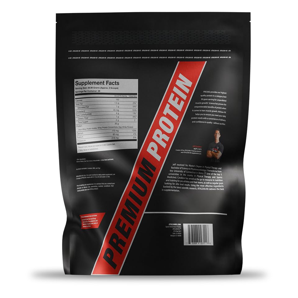 ATHLEAN-RX PRO-30G creamy shake in a glass highlights smooth texture.