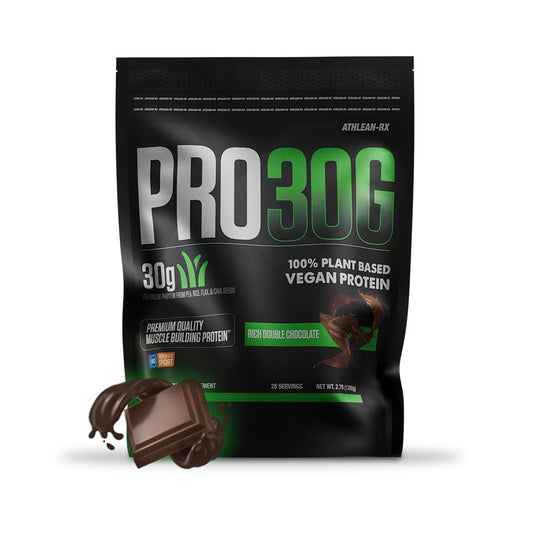 ATHLEAN-RX PRO 30G vegan protein tub with rich chocolate flavor for post-workout recovery