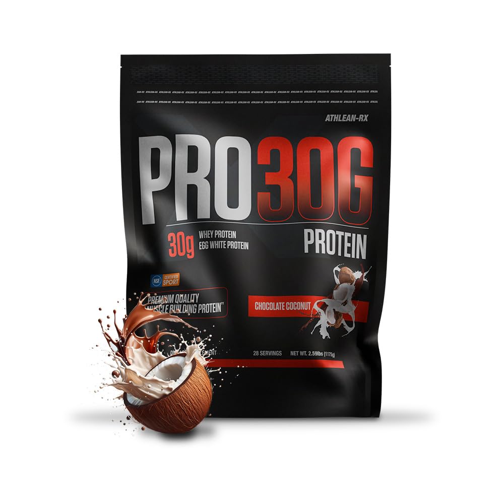 ATHLEAN-RX PRO-30G whey protein isolate powder, chocolate coconut flavor, supports lean muscle recovery.