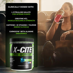 ATHLEAN-RX X-CITE bottle close-up with label highlighting ingredients.