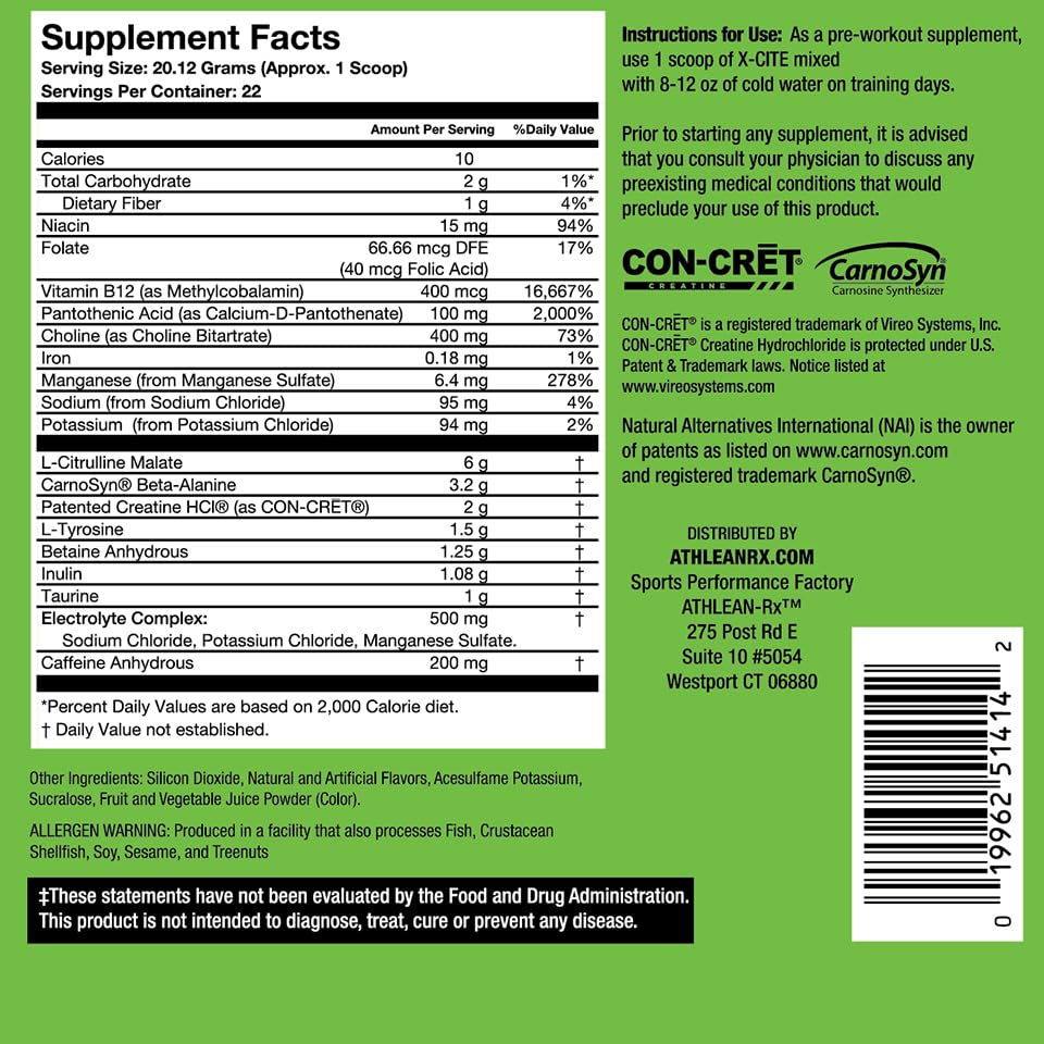 ATHLEAN-RX X-CITE ingredients list close-up features amino acids and creatine HCL.