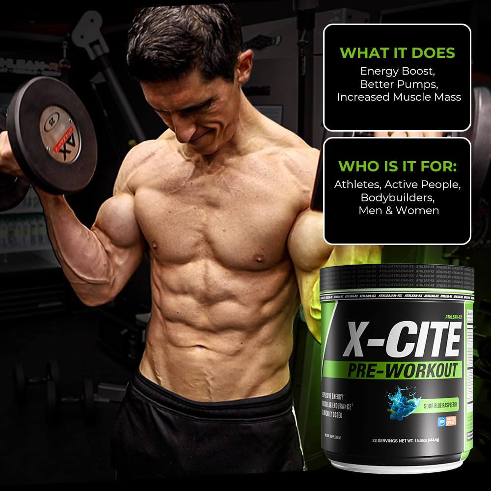 ATHLEAN-RX X-CITE ingredient panel shows beta-alanine, caffeine, and creatine.