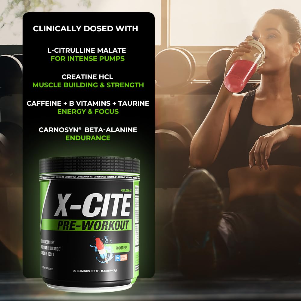ATHLEAN-RX X-CITE being stirred into water for a flavorful pre-workout drink.
