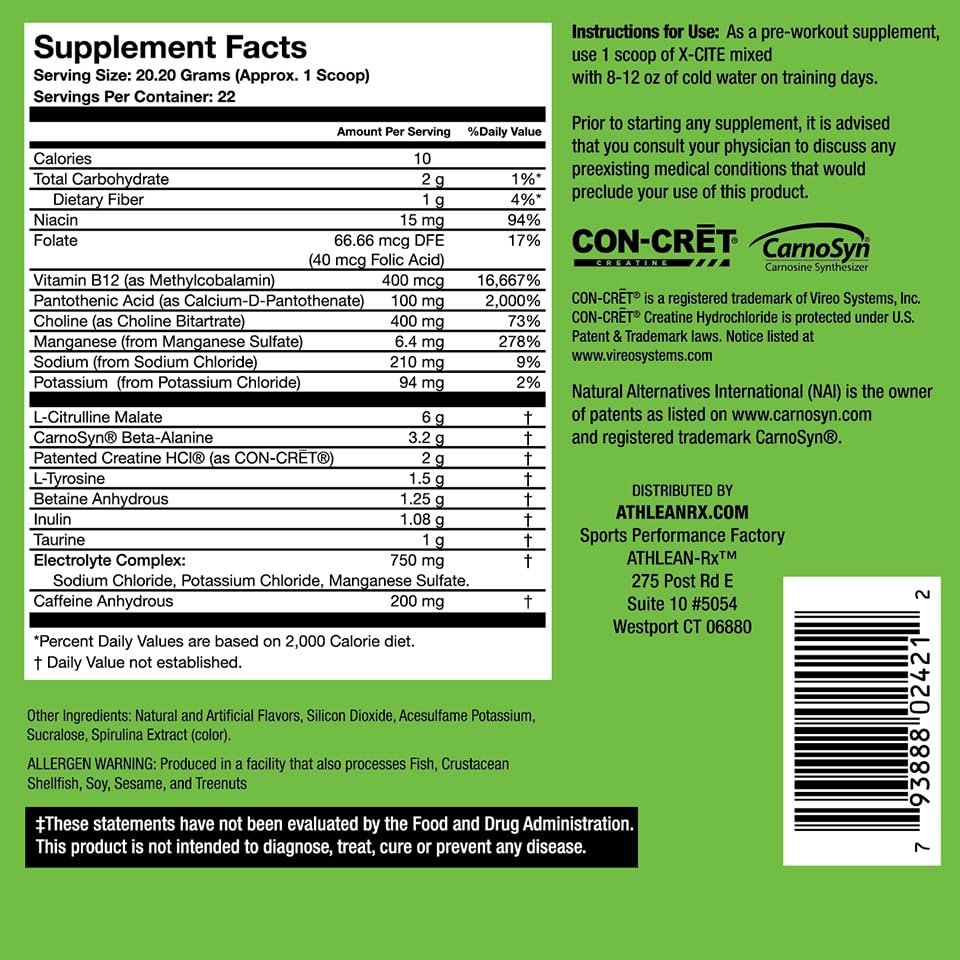 ATHLEAN-RX X-CITE packaging showing serving size and flavor options.