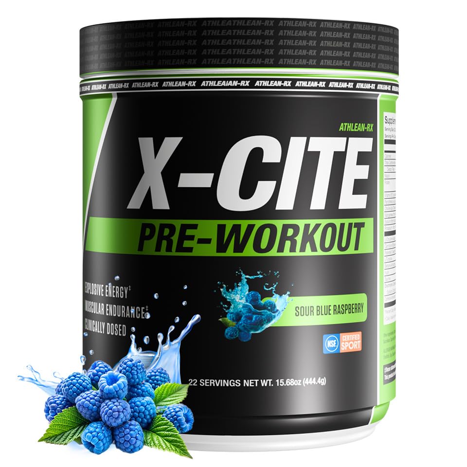 ATHLEAN-RX X-CITE pre-workout bottle ready to boost energy for workouts.