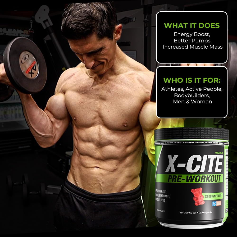 ATHLEAN-RX X-CITE Sour Gummy Bear flavor close-up emphasizes tasty pre-workout experience