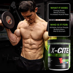 ATHLEAN-RX X-CITE Sour Gummy Bear flavor close-up emphasizes tasty pre-workout experience