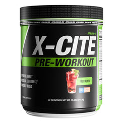ATHLEAN-RX X-CITE fruit punch pre-workout tub showing energy formula