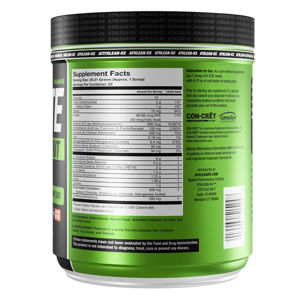 ATHLEAN-RX X-CITE tub back nutrition panel supports informed pre-workout use