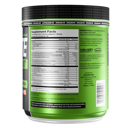 ATHLEAN-RX X-CITE tub back nutrition panel supports informed pre-workout use
