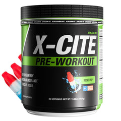 ATHLEAN-RX X-CITE rocket-pop tub shows bold label for quick energy before workouts.