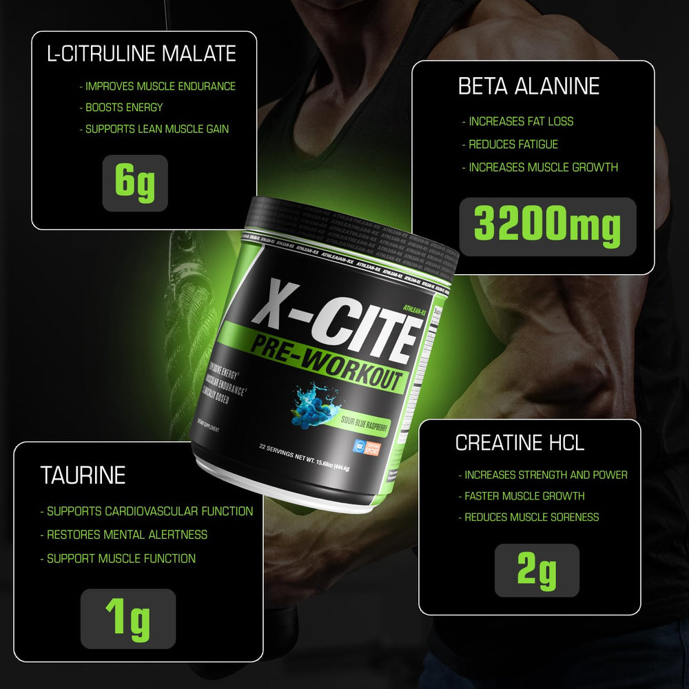 ATHLEAN-RX X-CITE sour blue raspberry powder for flavorful, rapid energy.