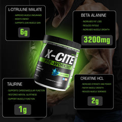 ATHLEAN-RX X-CITE sour blue raspberry powder for flavorful, rapid energy.
