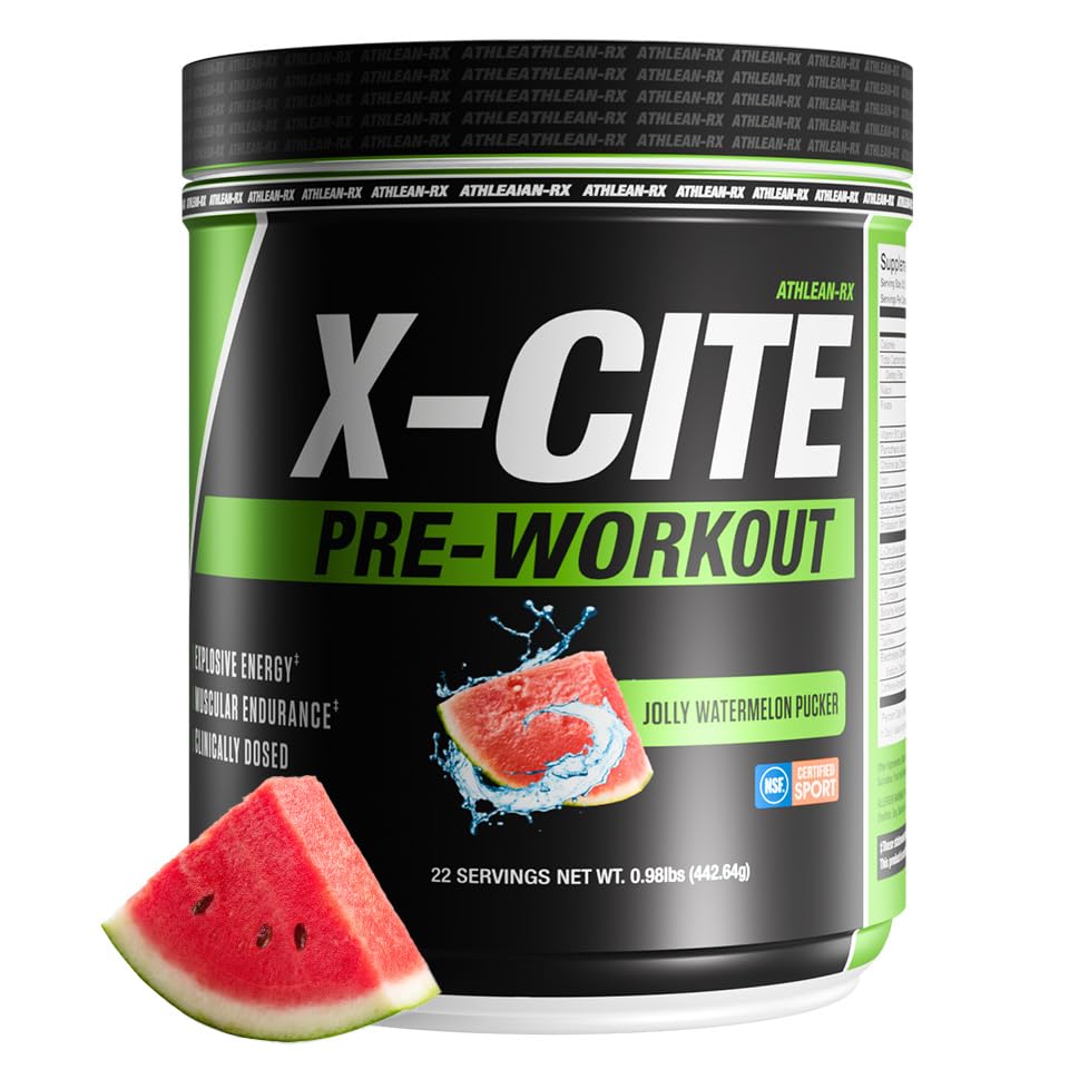 ATHLEAN-RX X-CITE tub with watermelon pour showing energy support for workouts.